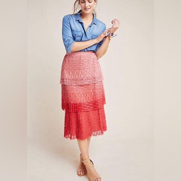 Anthropologie Maeve Brighton Coral Pink Ombré Tiered Lace Midi Skirt - Picture 8 of 9